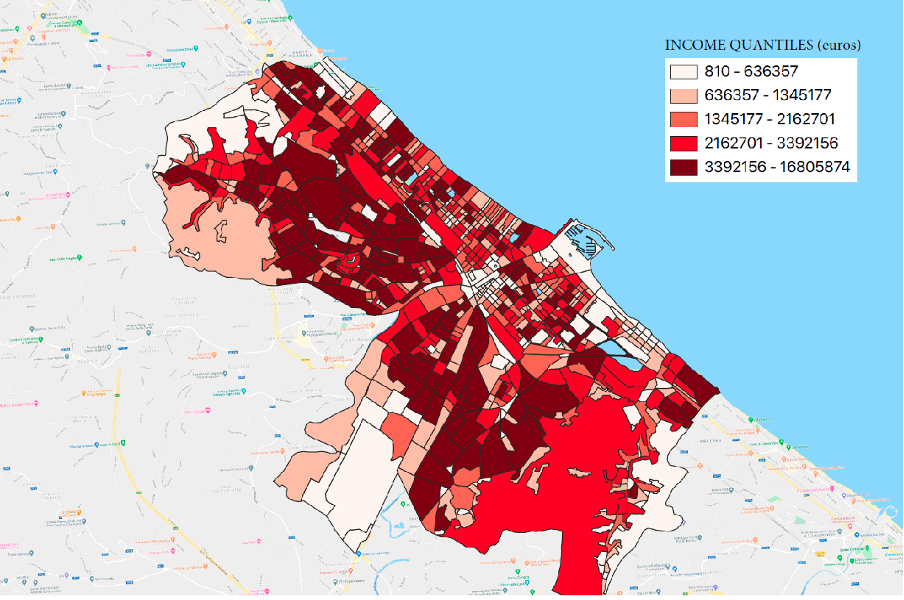 Figura 1: Reddito disponibile medio nelle sezioni di censimento della provincia di Pescara